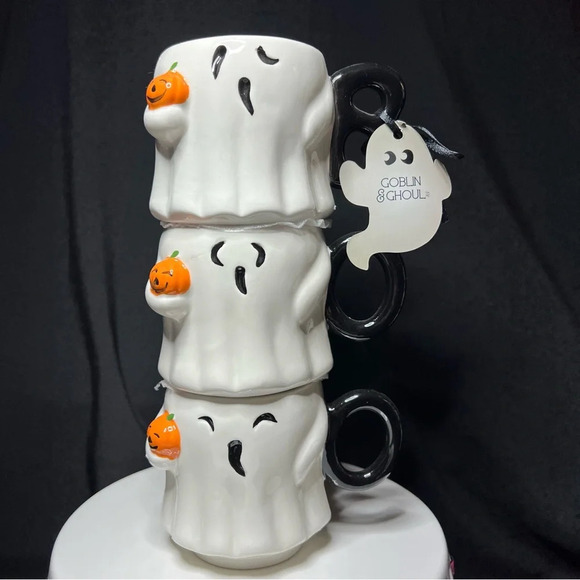 Goblin & Ghoul Ceramic Halloween Stacked BOO Ghost w/ Pumpkin Pal Coffee Mugs - Picture 2 of 12